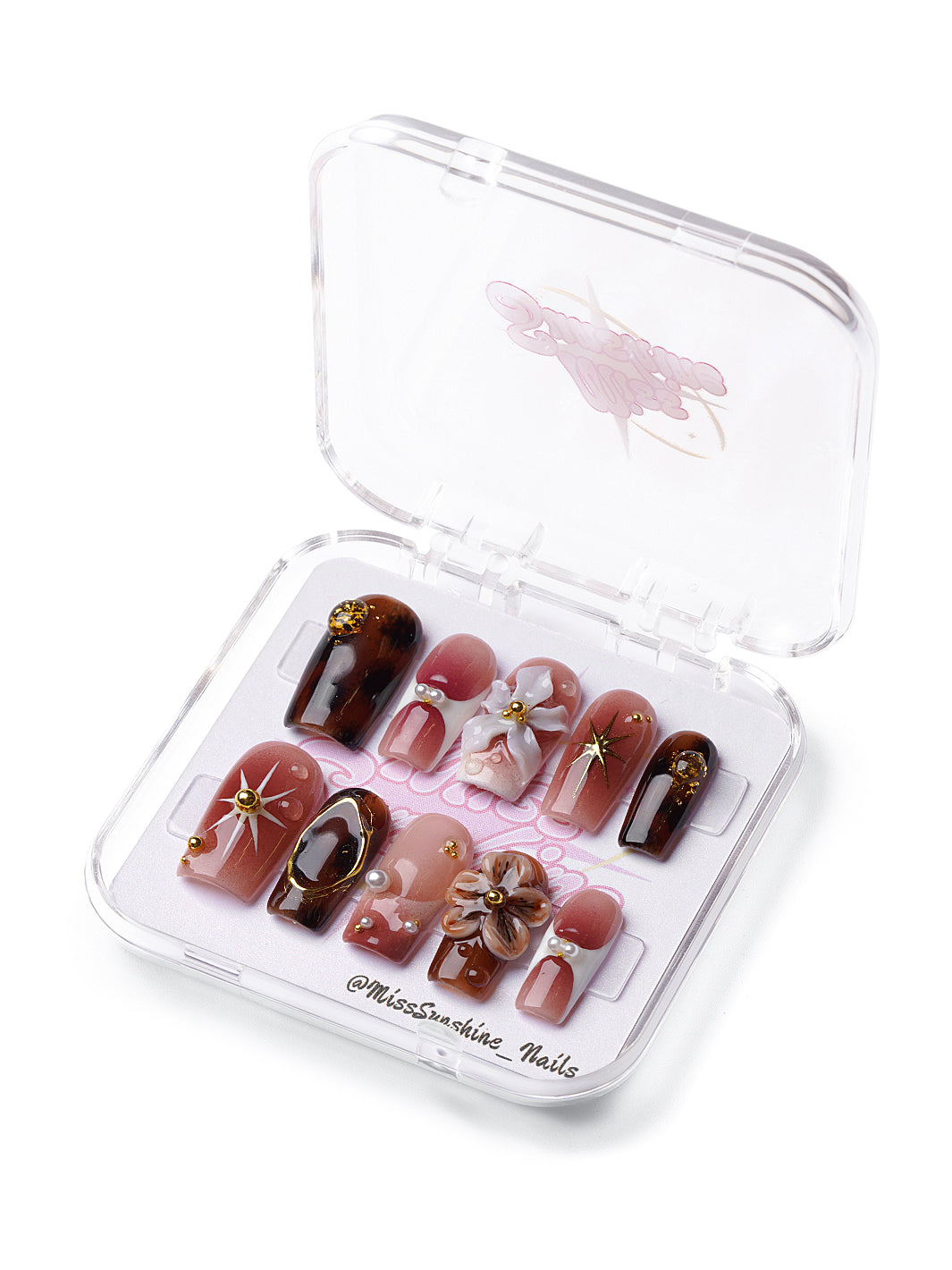 Antique Flower medium square press-on nails with tortoiseshell patterns, 3D flowers, and pearl accents.