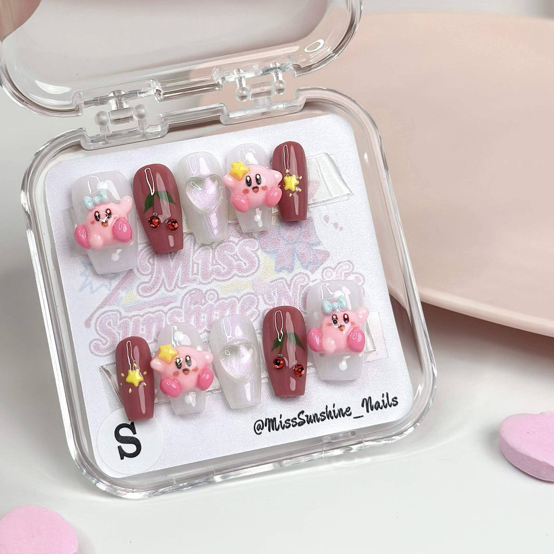Short coffin nails with Kirby and cherry design