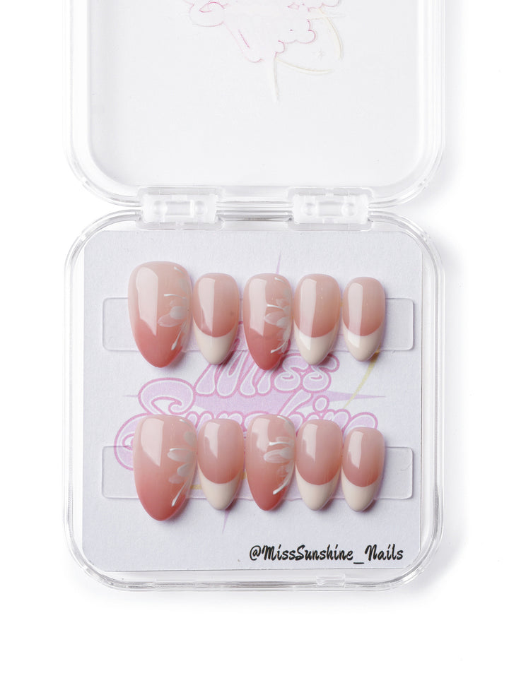Flowering French press-on nails with petal accents