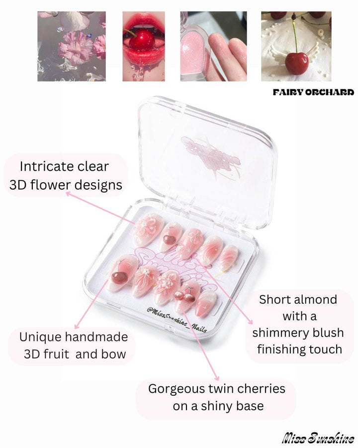 Glitter cherry and flower nail designs