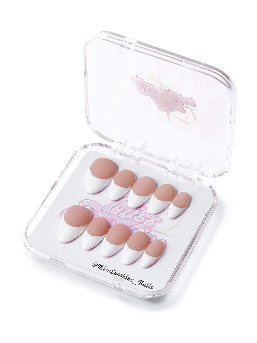 Short almond press-on nails with clean white French tips and nude base