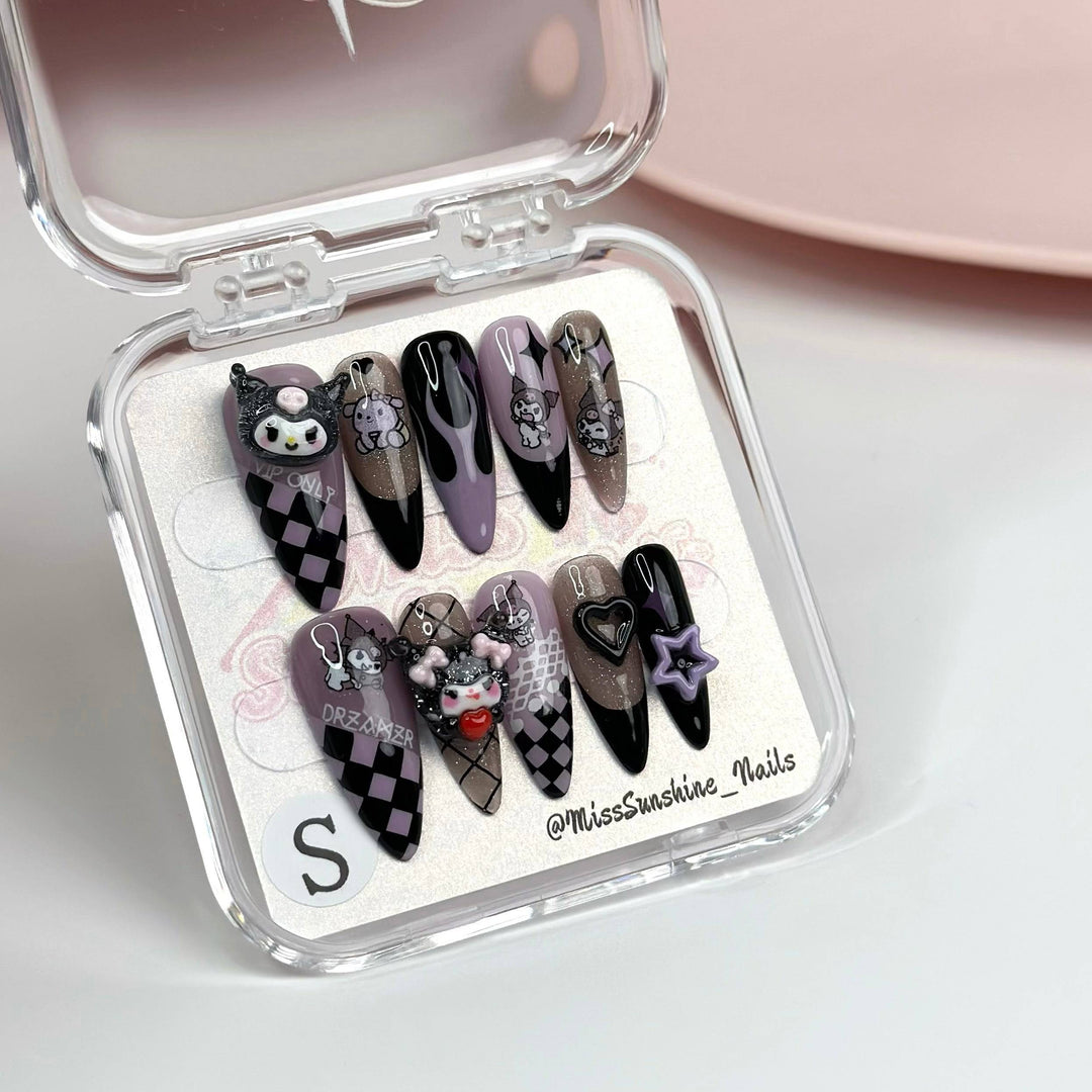 Long almond press-on nails with Kuromi design