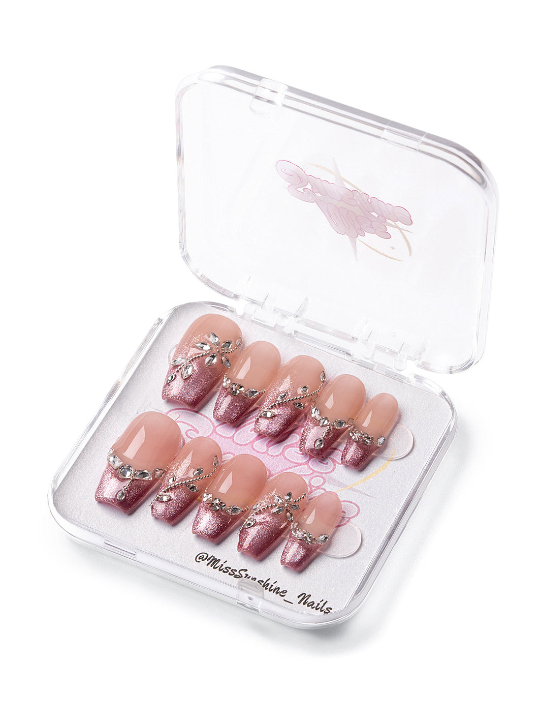 Medium-long coffin nails with rose tips and rhinestones