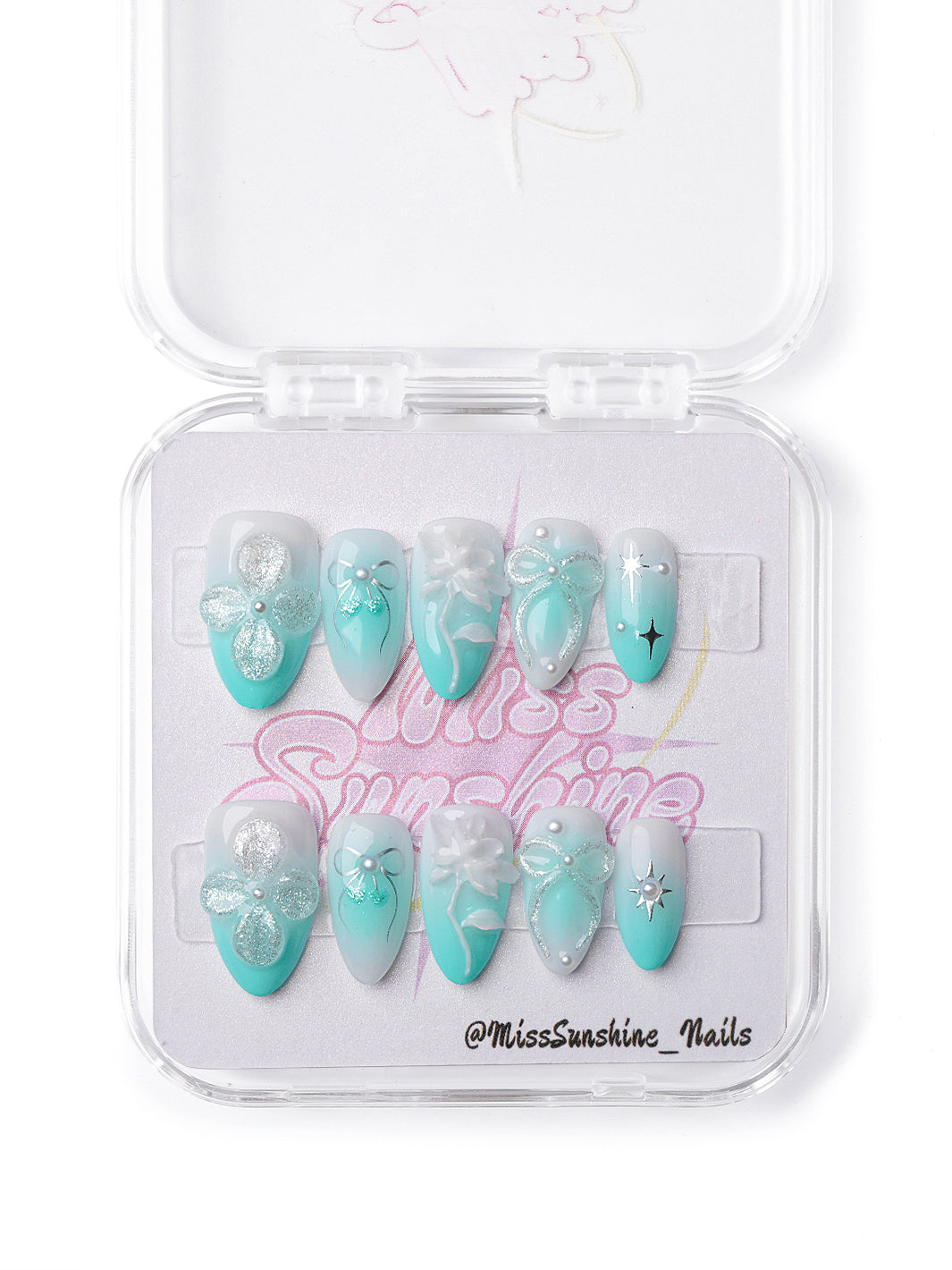 Handmade mint green press-on nails with lotus-inspired design and soft floral charm.
