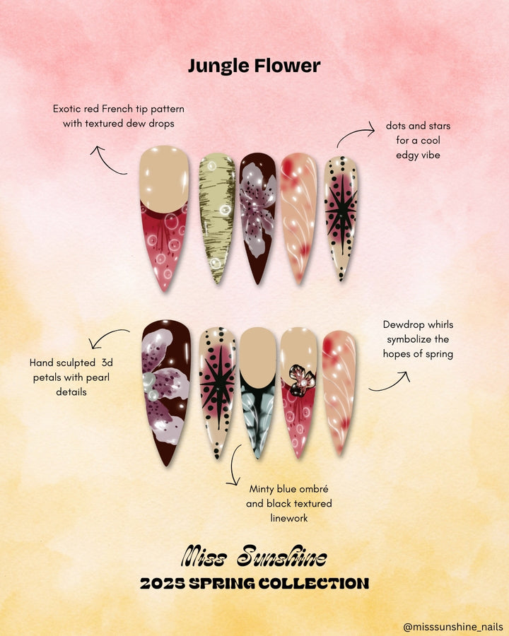Long stiletto nails with 3D butterflies and floral prints