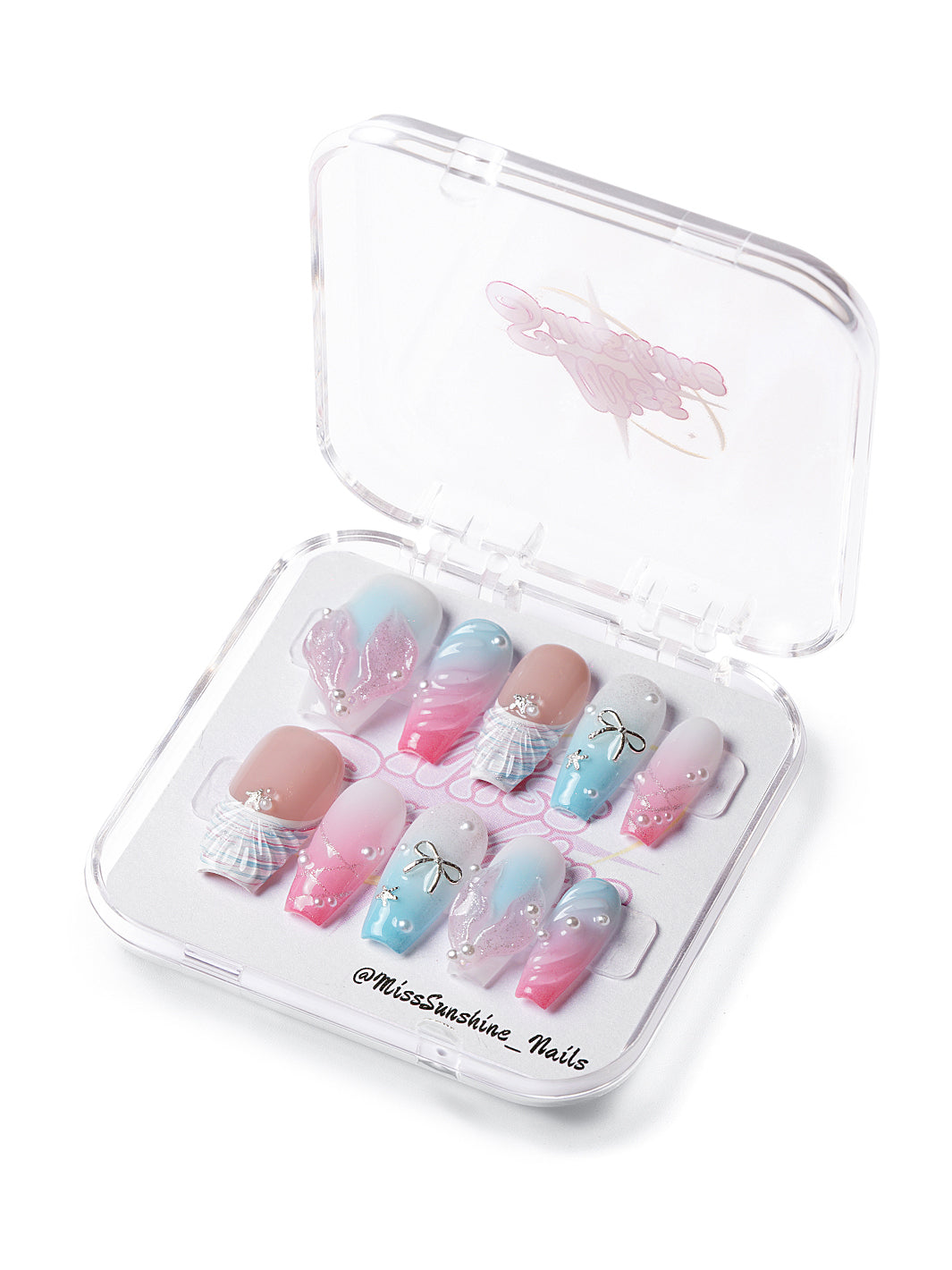 Medium coffin press-on nails with pastel gradients, shell textures, pearls, and silver bows