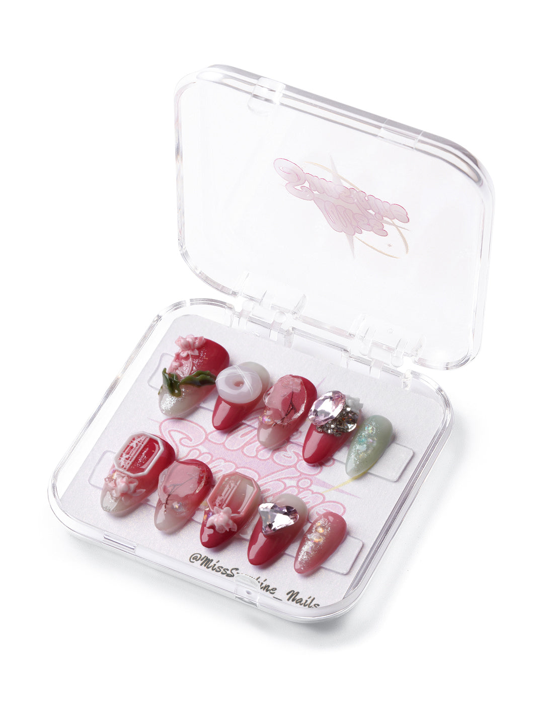 Lotus Pool press-on nails with 3D lotus flowers, crystals, and foil accents in pink and jade tones.