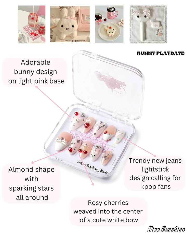 Miss Sunshine short almond nails with rhinestones and bows