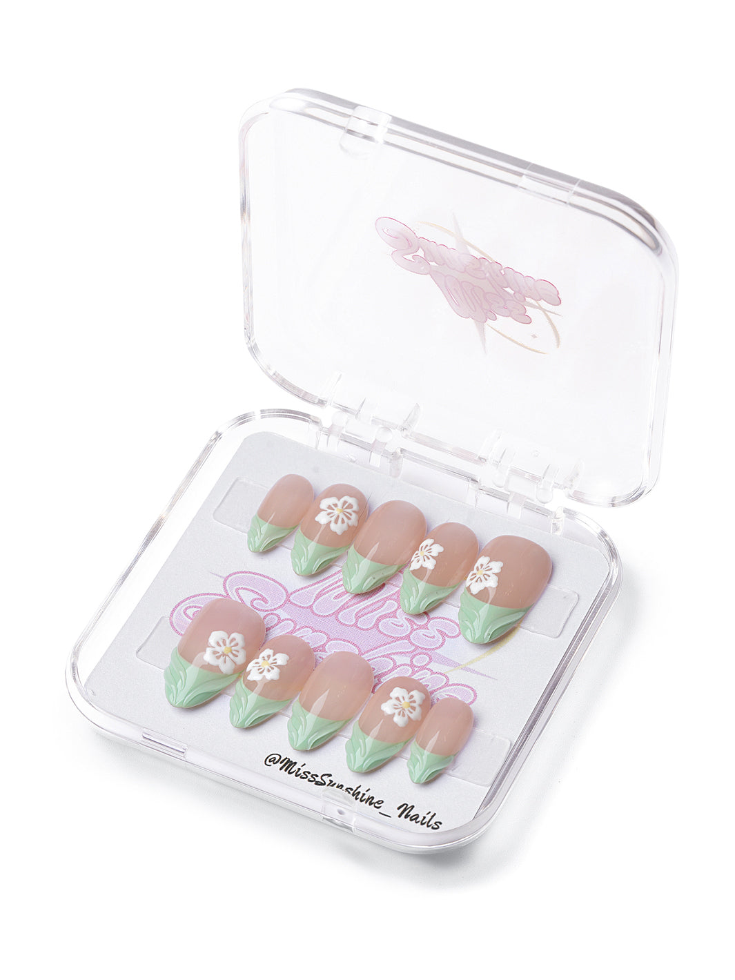 Olive Blossom press-on nails with nude base, sculpted olive green tips, and 3D white floral accents.