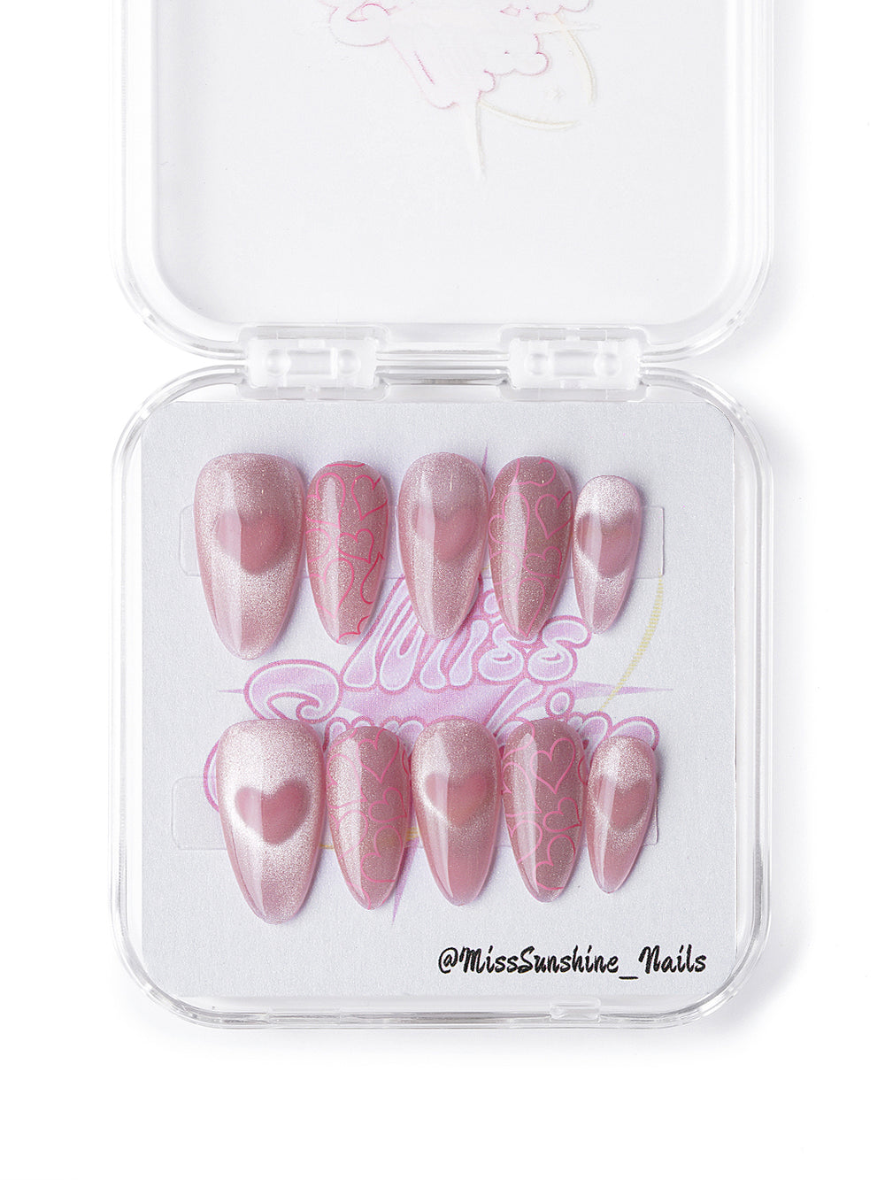 Simple short almond cat-eye nails with heart shimmer design