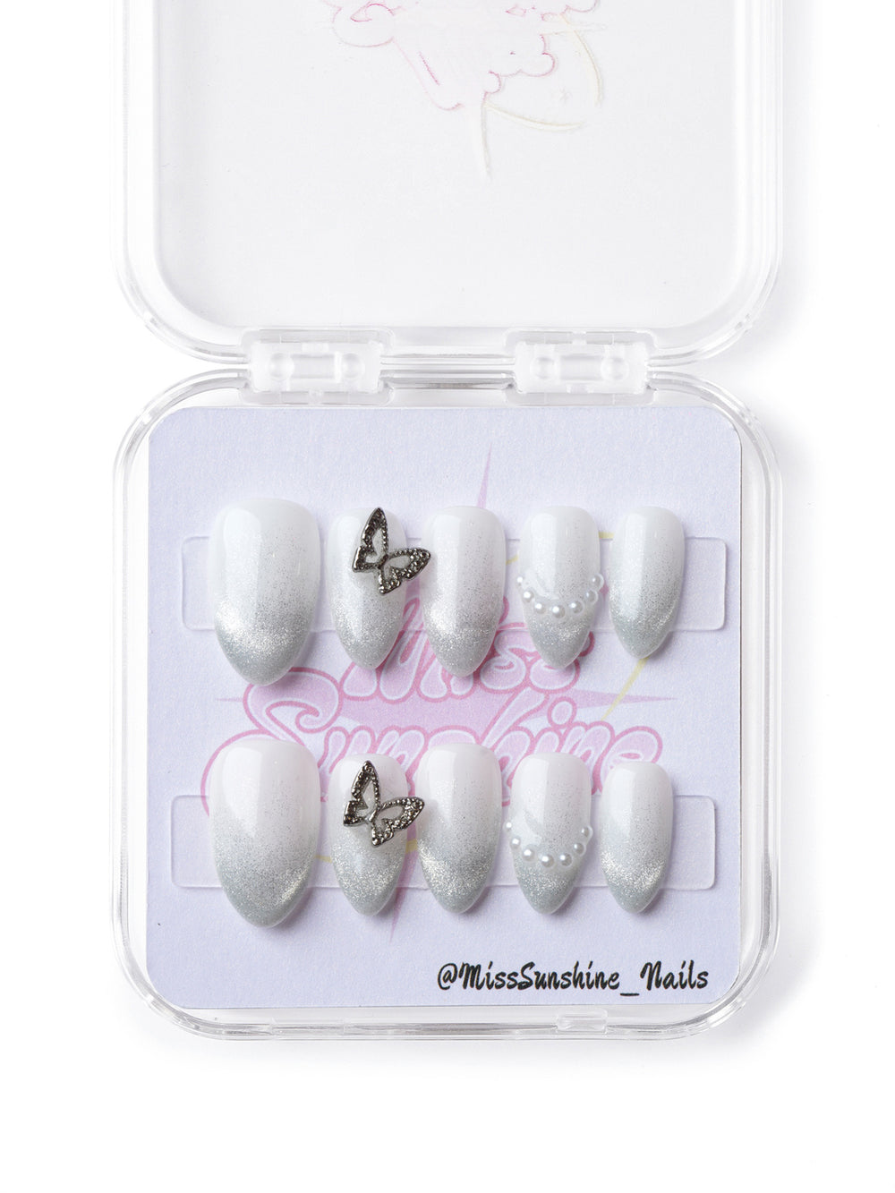 Delicate white-to-silver ombré press-on nails with pearls and a butterfly accent, perfect for a dreamy, graceful manicure.