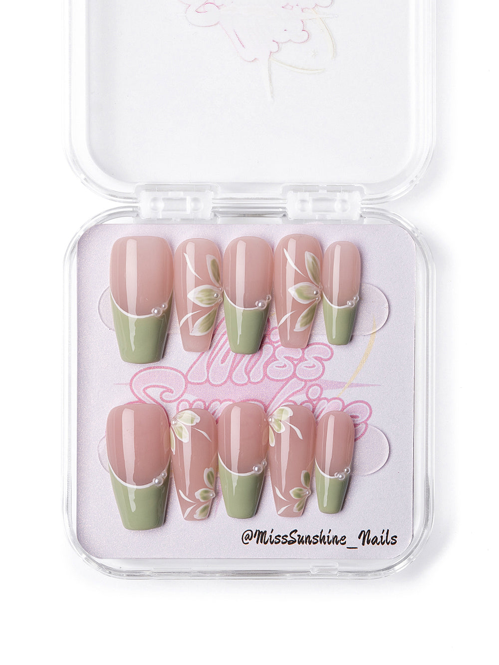 Medium-long coffin nails with blush and botanical accents