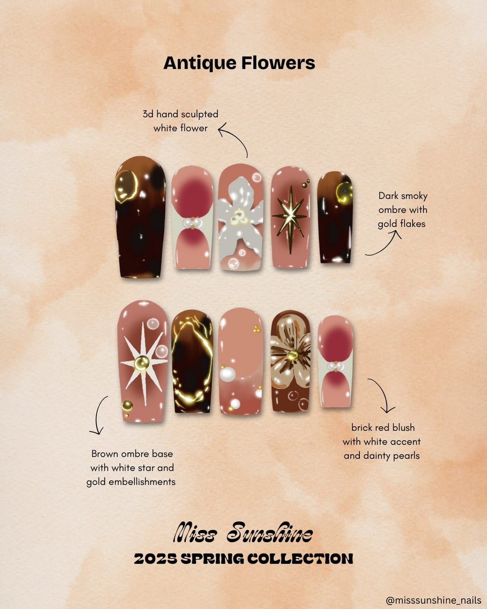 Mocha and blush toned square nails with floral sculpture and pearl-studded design.
