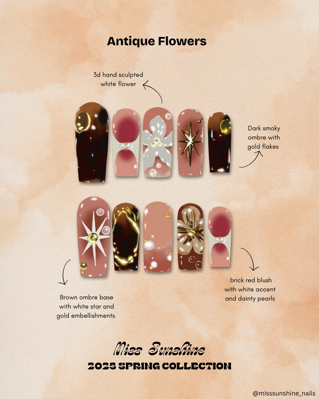 Mocha and blush toned square nails with floral sculpture and pearl-studded design.
