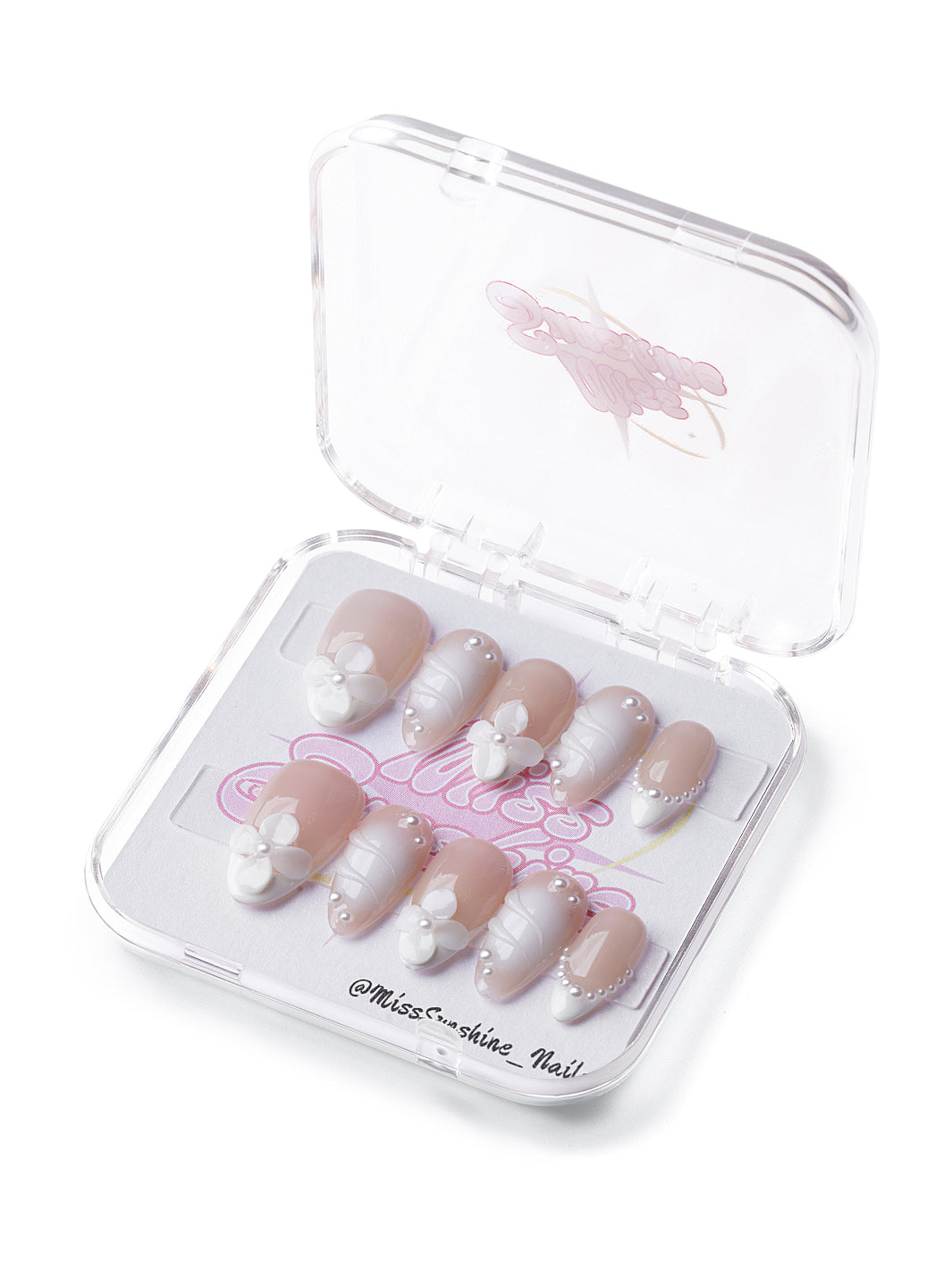 Nude nails with white 3D flower accents