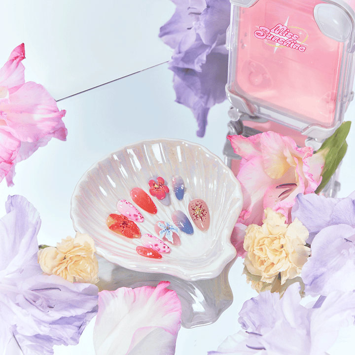 Tropical-inspired short press-on nail set with 3D flowers and jelly textures