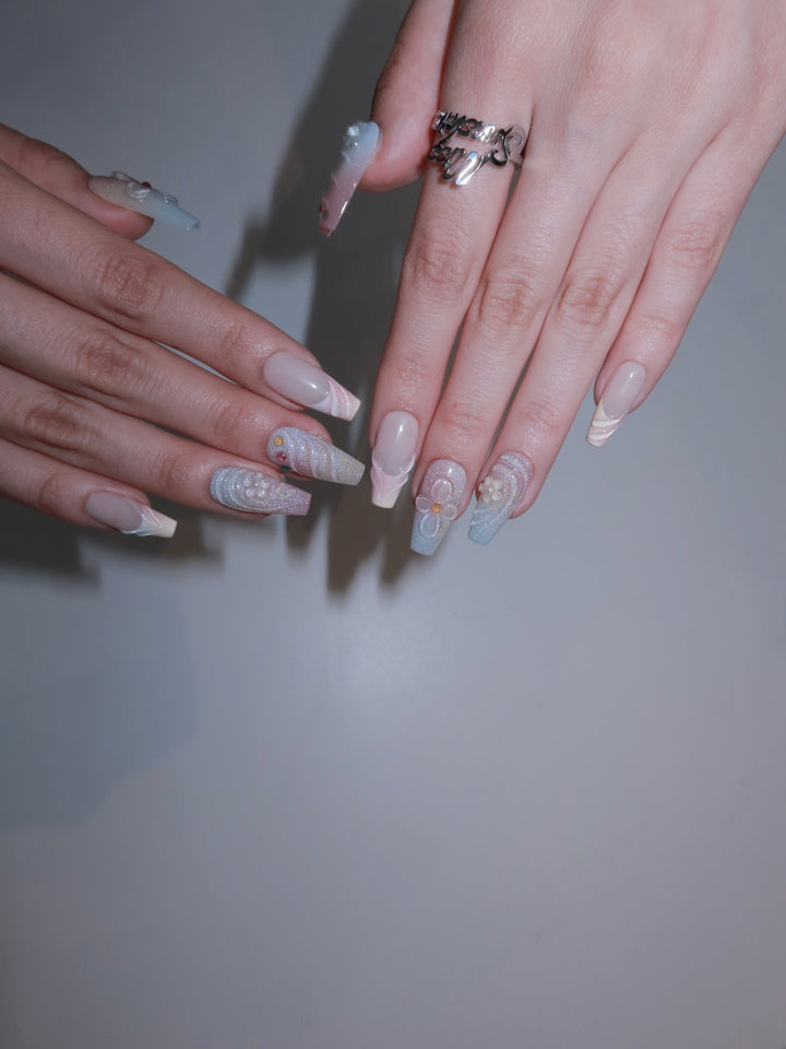 medium Long pastel nails with flowers