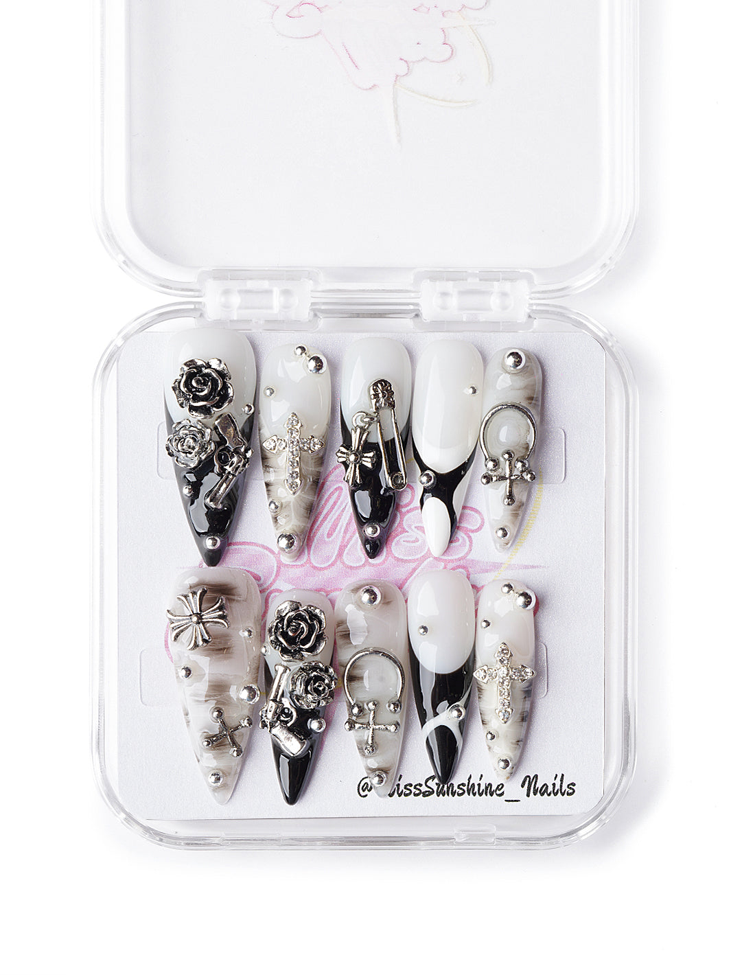 Gothic stiletto nails with romantic rose theme and edgy charm