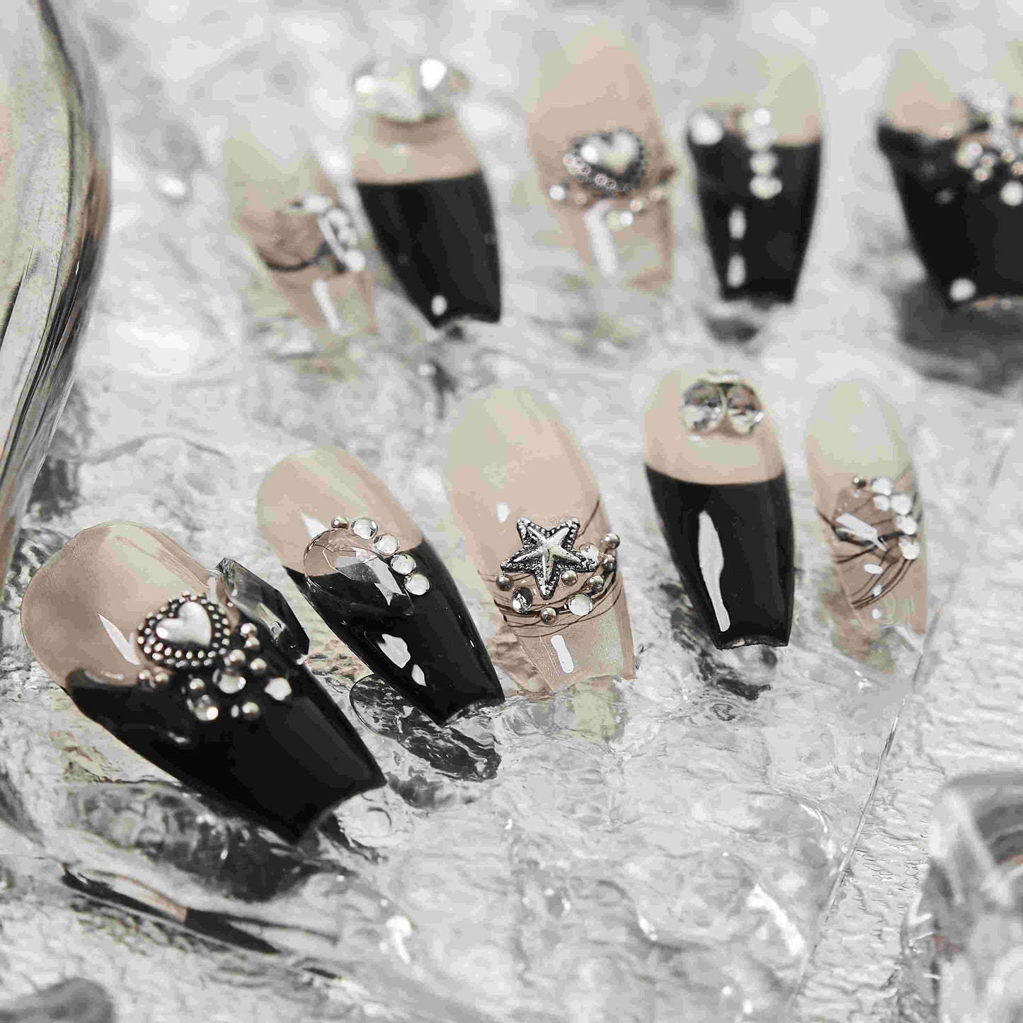 Black French Tip with Star and Heart/Gems Press on Nails – MissSunshineNails