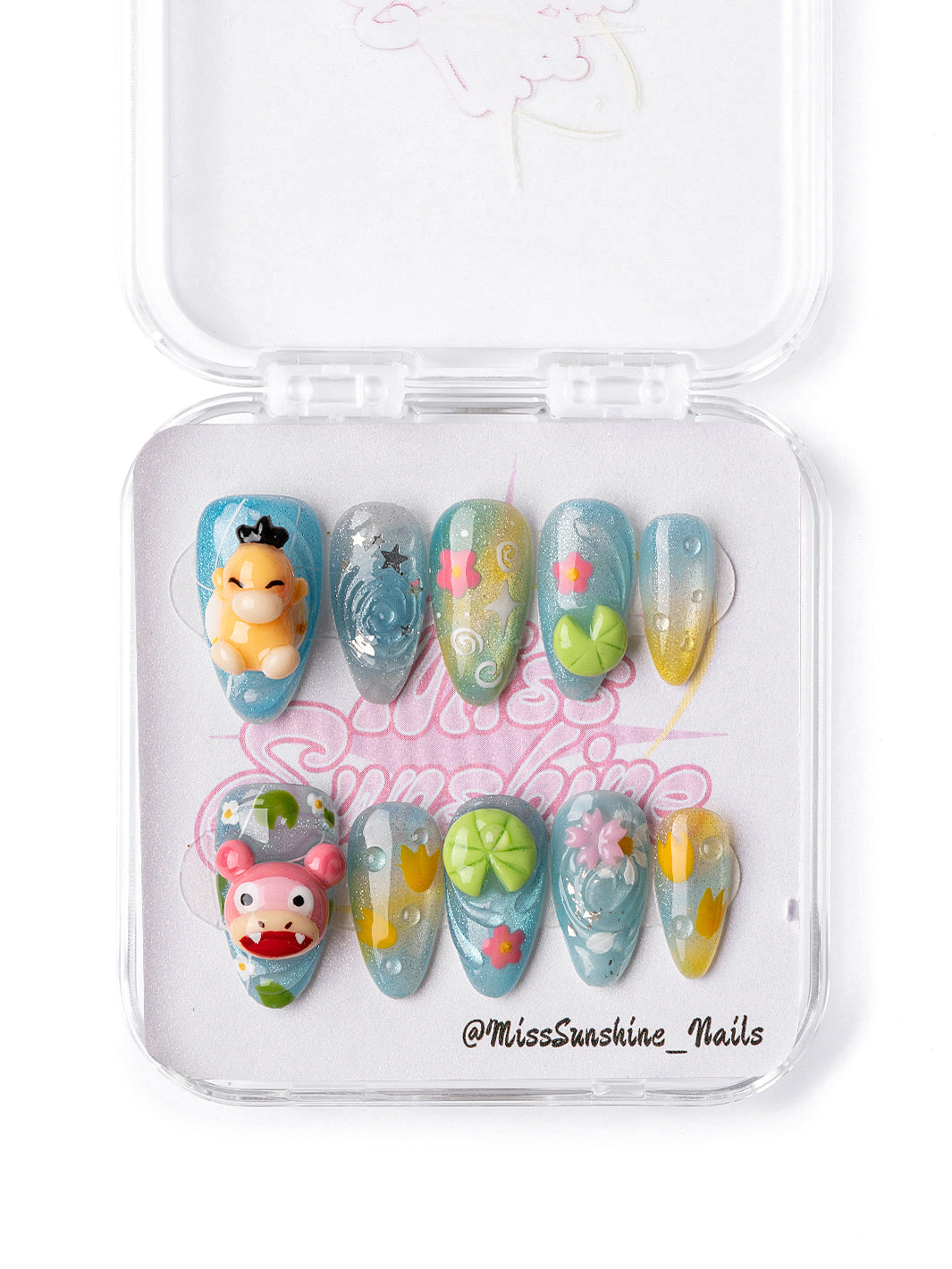 Pokémon Pond press-on nails with blue shimmer, lily pads, and 3D character charms