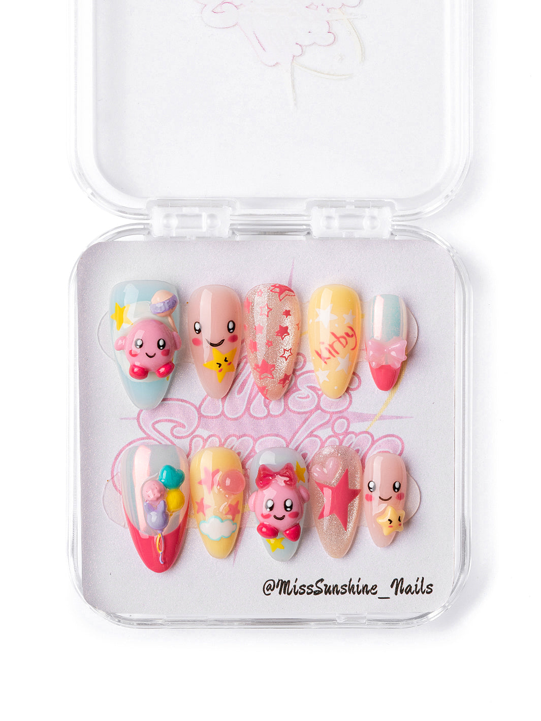 Cute Kirby inspired almond nails with stars, bows, balloons, and clouds
