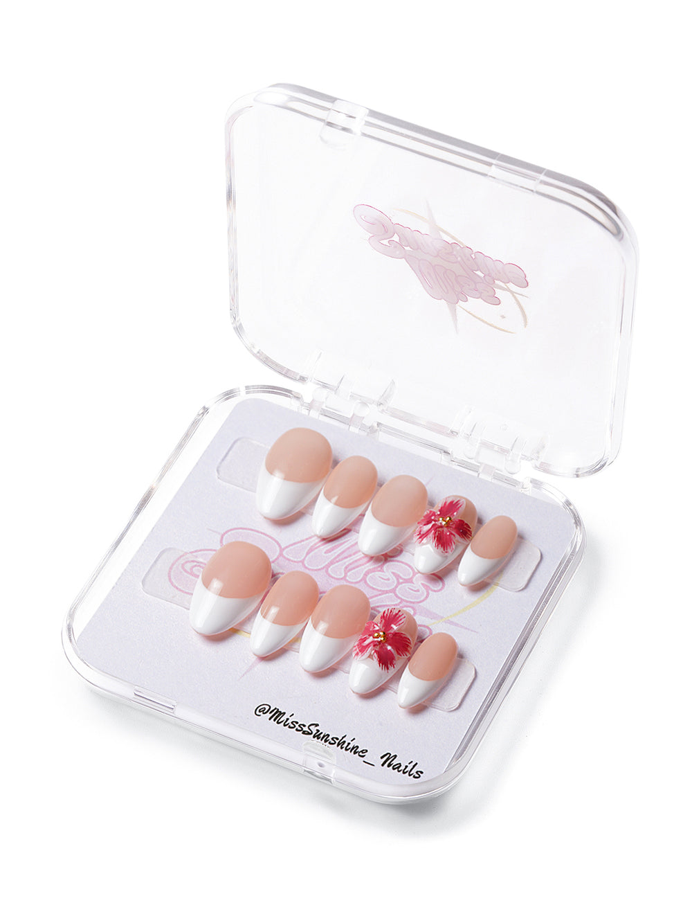 Extra short almond nails with white French tips and a single 3D pink flower accent