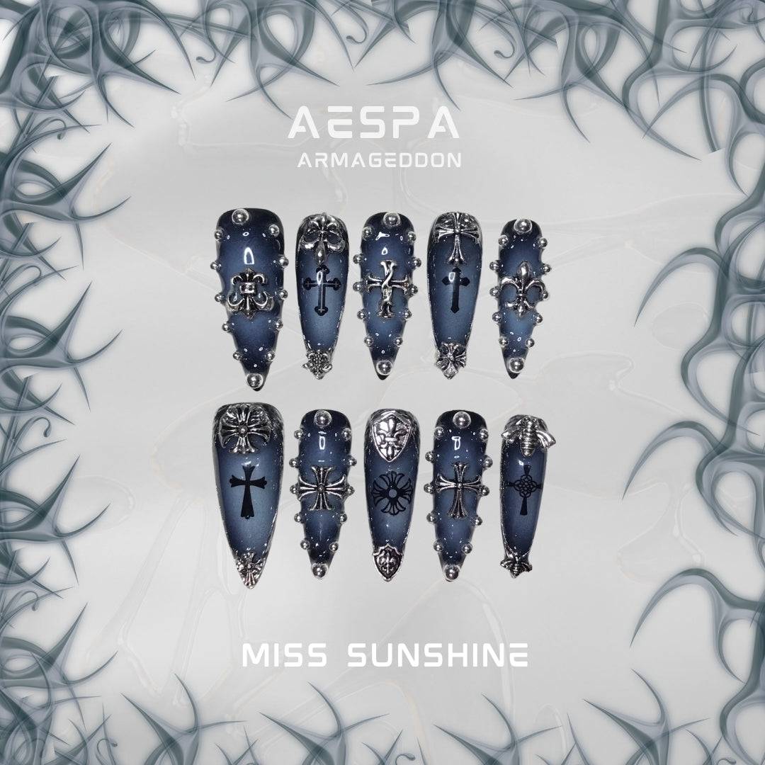 Long stiletto press-on nails inspired by Aespa's Armageddon concept