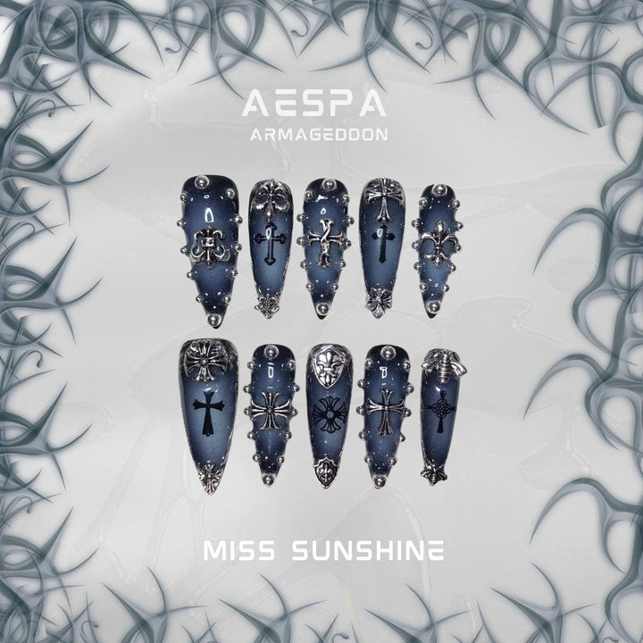 Long stiletto press-on nails inspired by Aespa's Armageddon concept