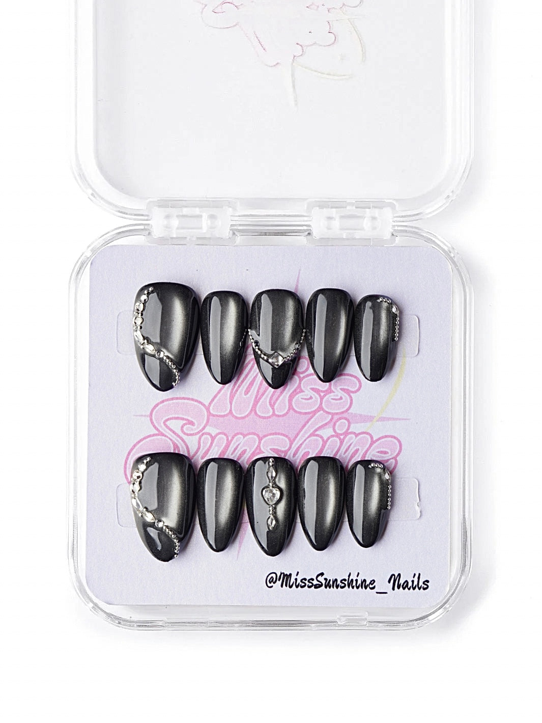 After Dark black cat eye prom press on nails with rhinestones