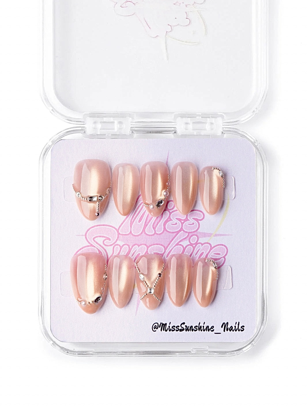nude pink cat eye prom press on nails with rhinestones