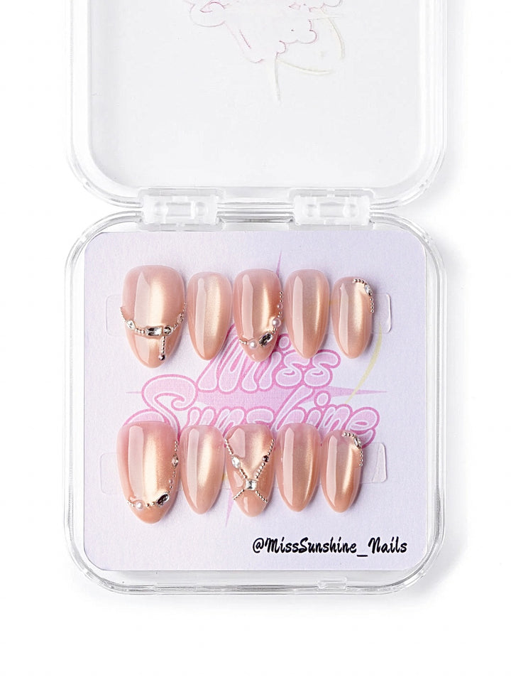 nude pink cat eye prom press on nails with rhinestones