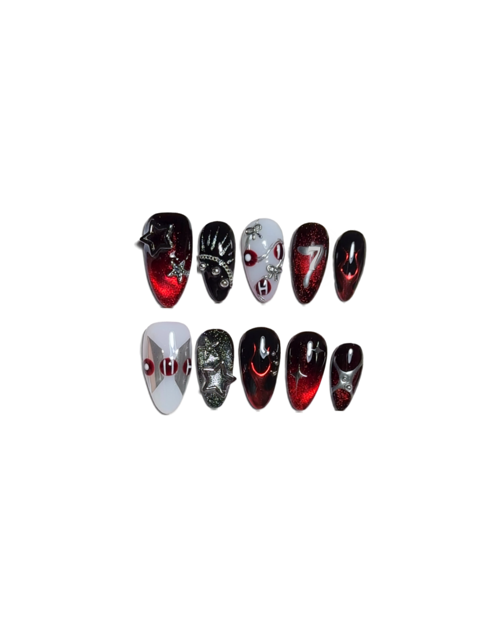 Bias Star BTS-inspired press-on nails with red, black, and silver charm details