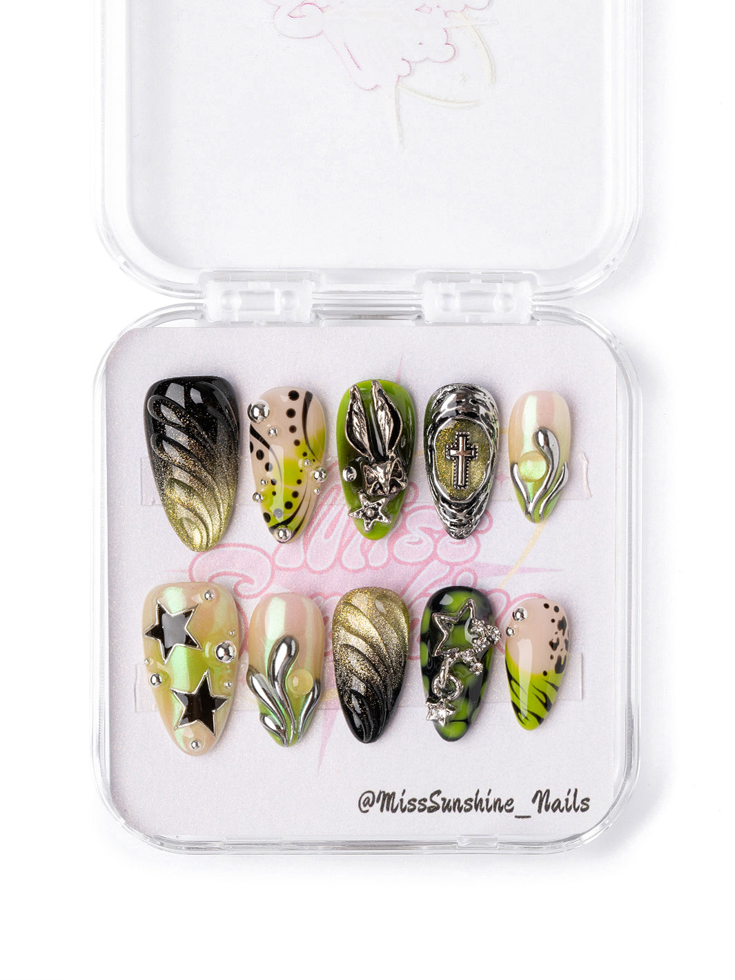 Biochrome Spark II aespa Lemonade inspired short almond press-on nails with neon lime and chrome details