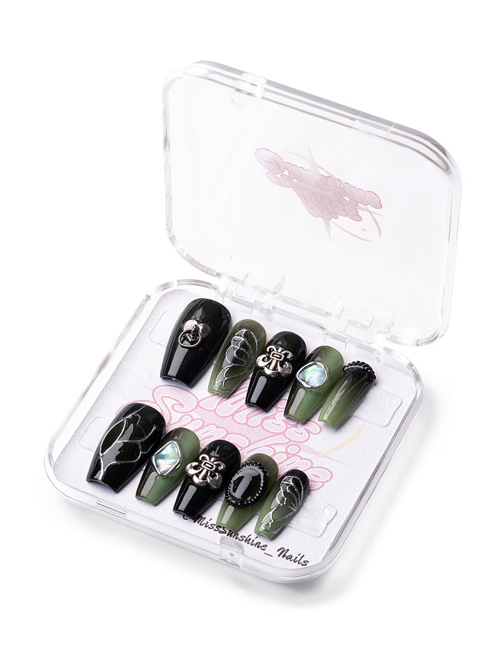 Medium long coffin press-on nails in black and jade green