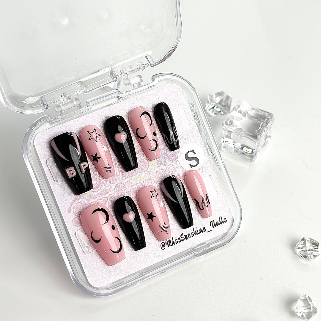 Black and pink coffin press-ons