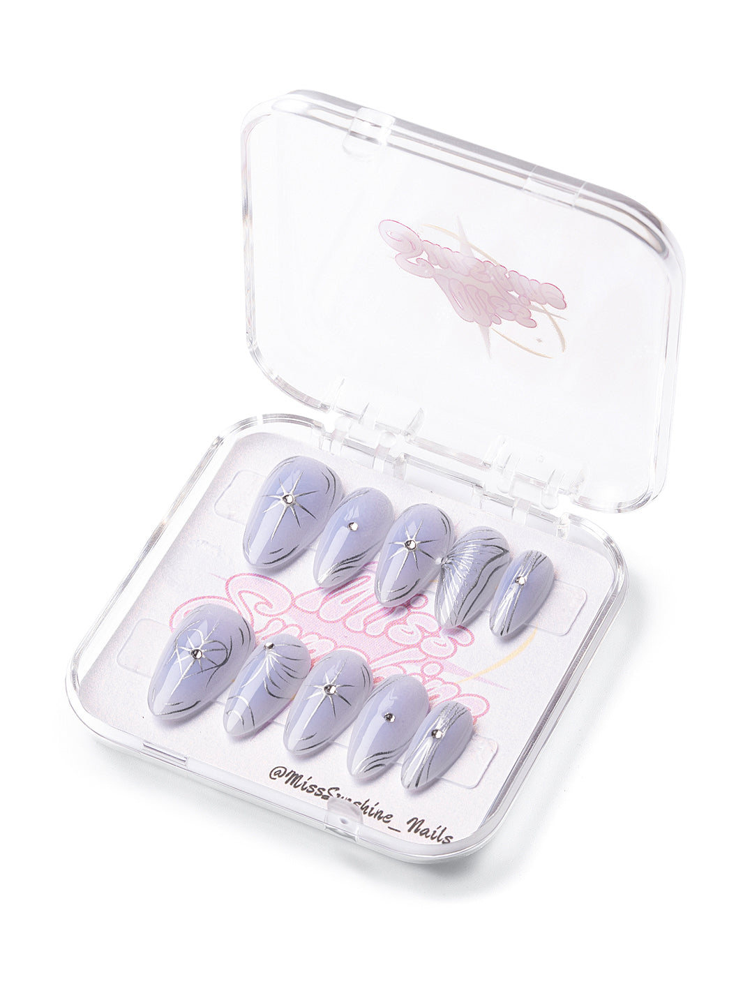Short almond blue nails with chrome stars and butterflies