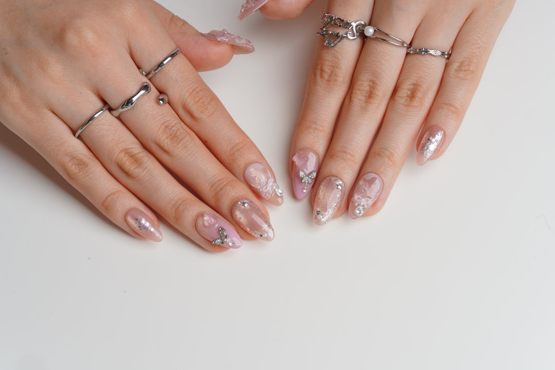 Pink butterfly floral press on nails design