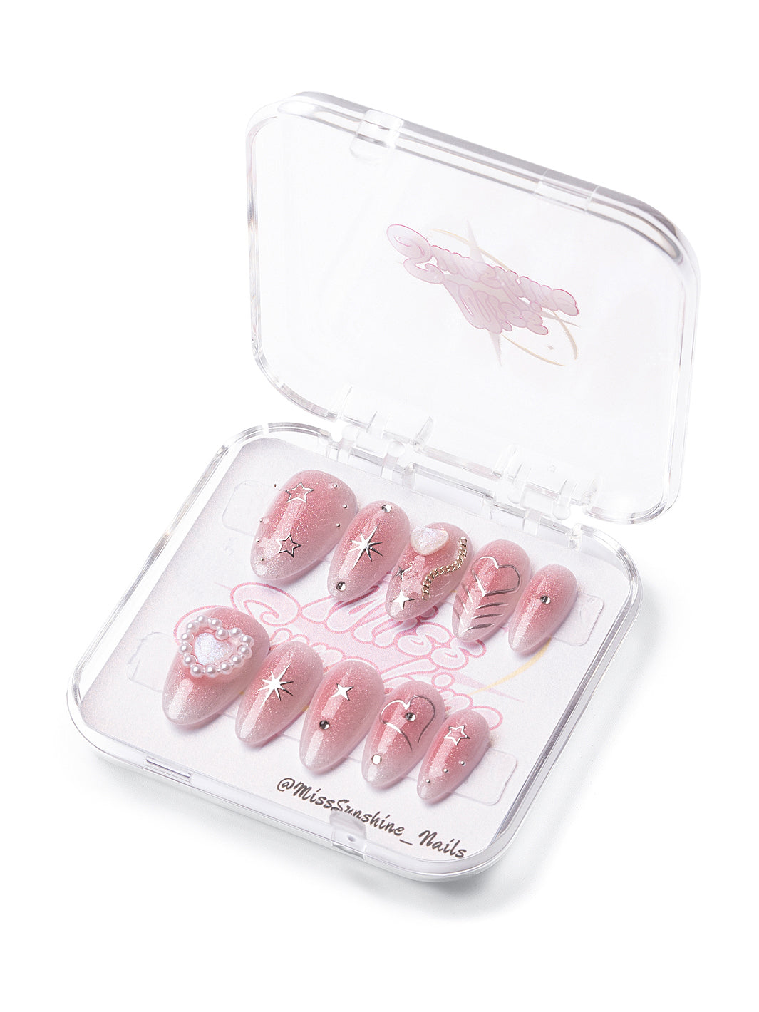 Pink glitter press-on nails in short almond shape