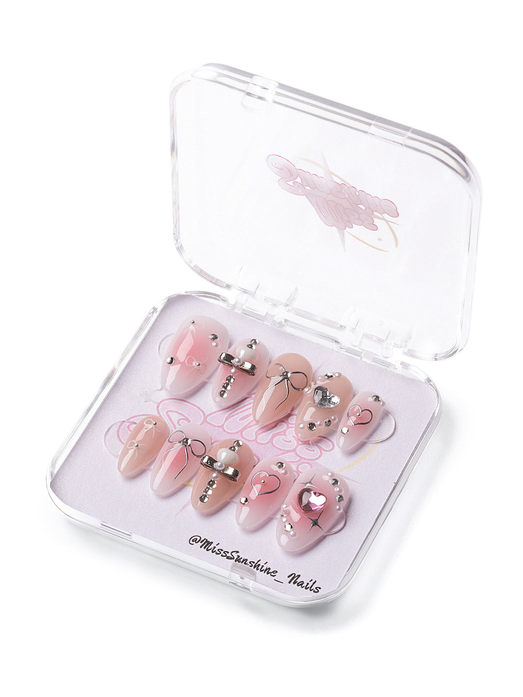 Blush pink short almond nails with 3D chrome accents