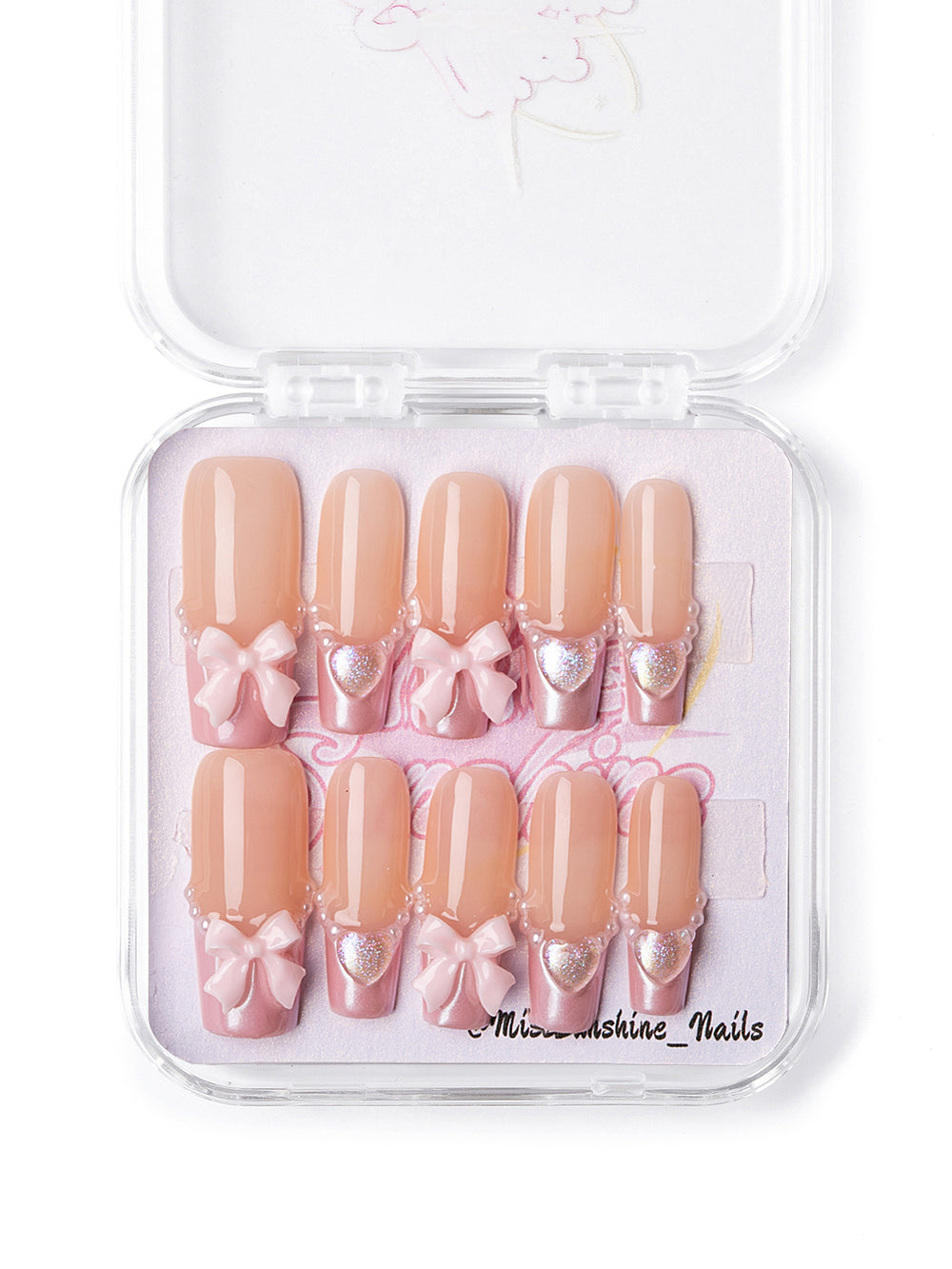 Glossy nude-pink coquette press-on nails