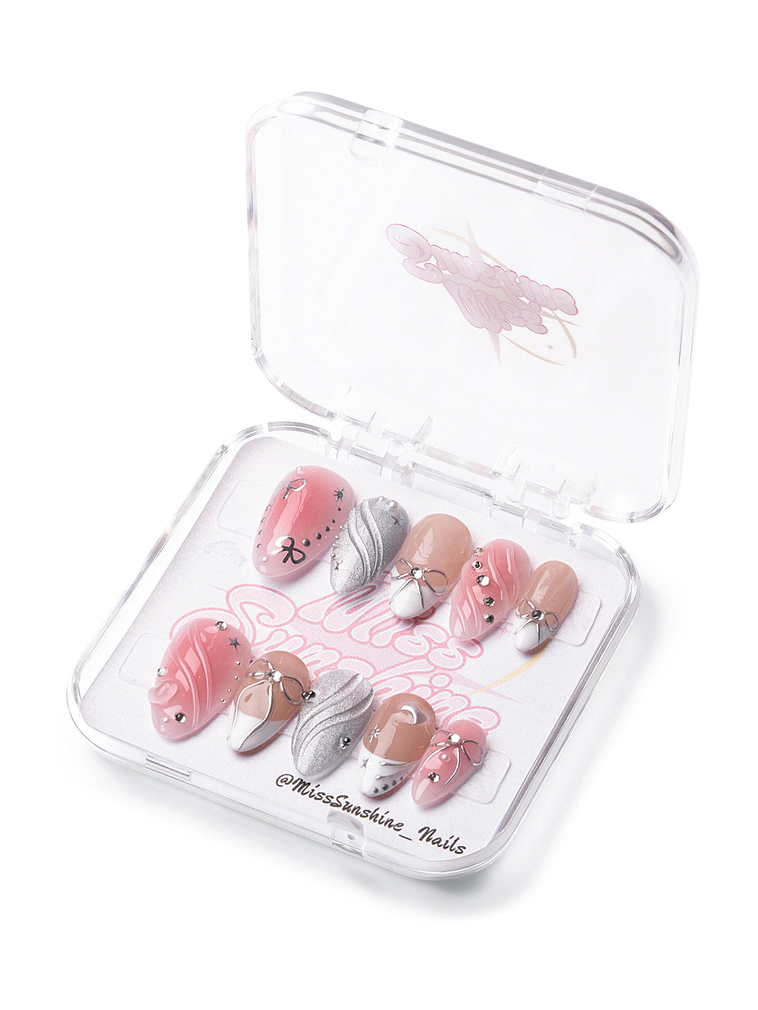 Short almond nails with pink and silver bow designs