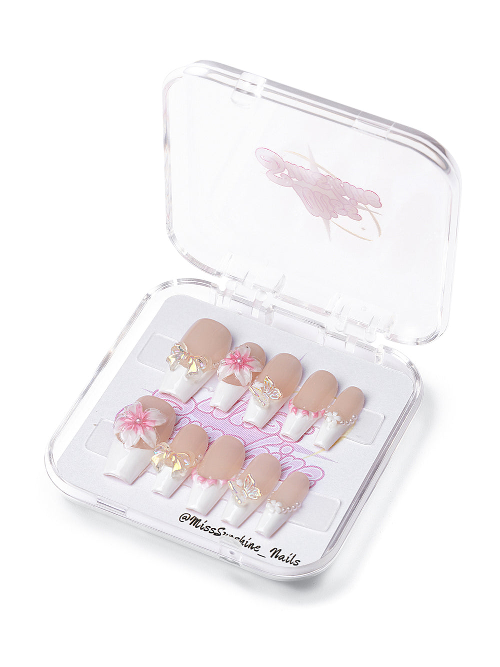 Medium coffin bridal press-on nails with bows and flowers