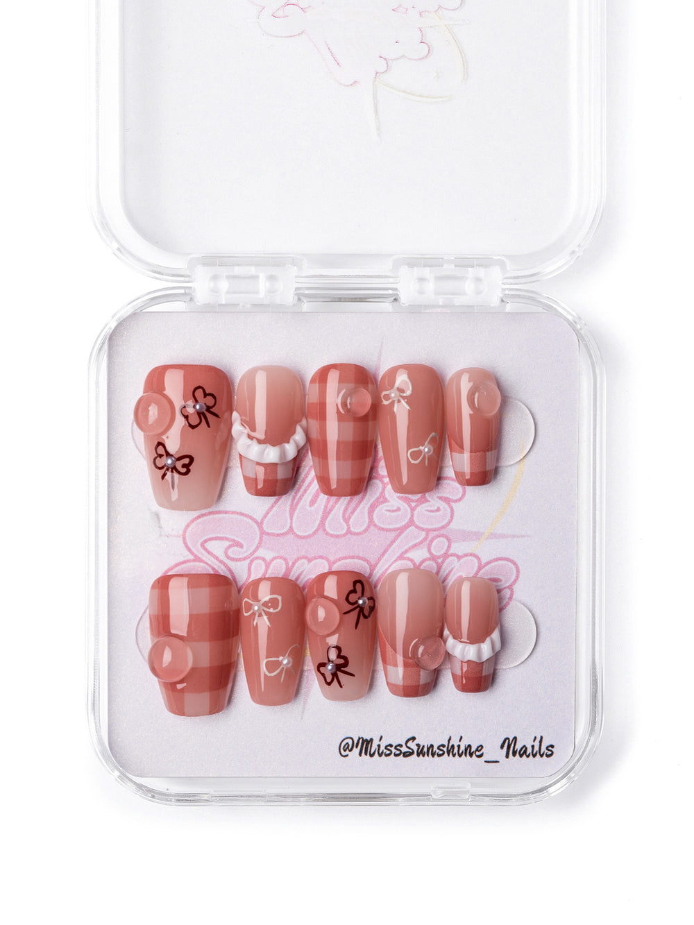Brown gingham pattern press-on nails