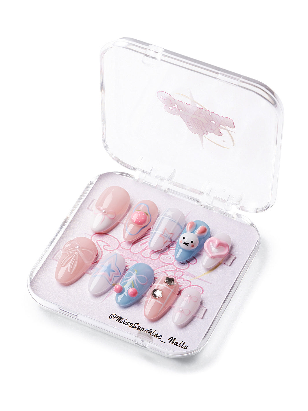 Bubble Gum Bunny press-on nails with pastel pink and blue