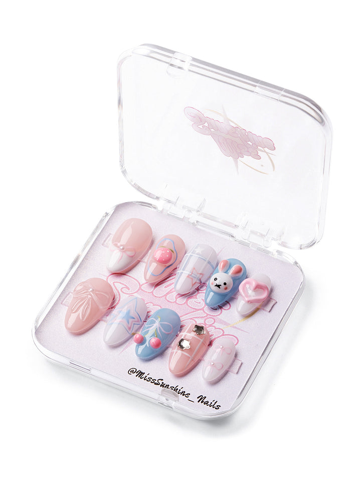 Bubble Gum Bunny press-on nails with pastel pink and blue
