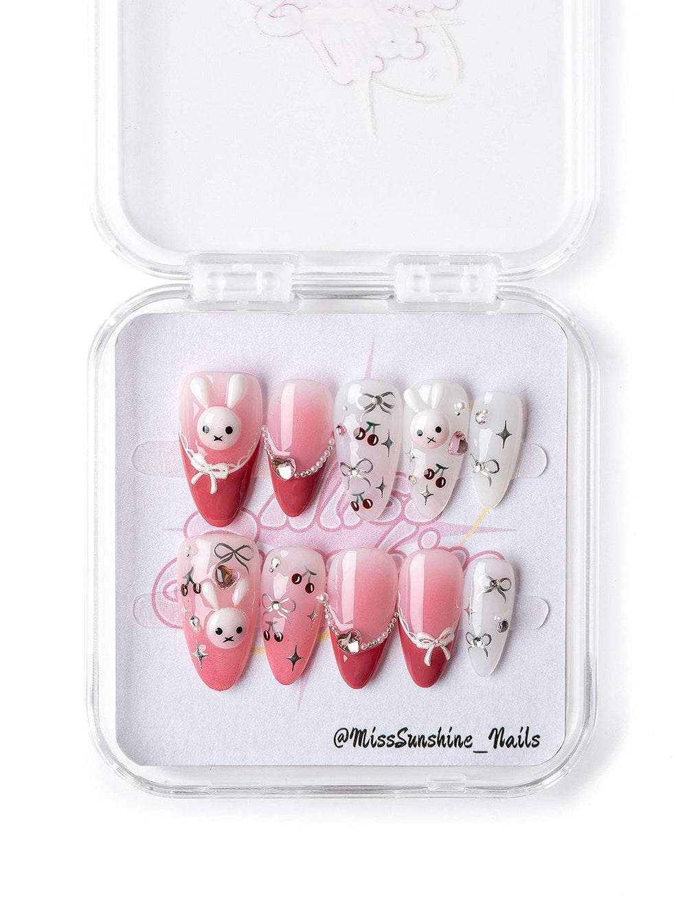 short almond nails featuring kawaii bunny and bear faces