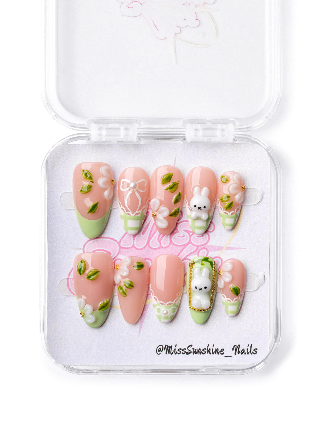  Bunny Garden press-on nails featuring 3D sculpted white bunny charm with gold chain