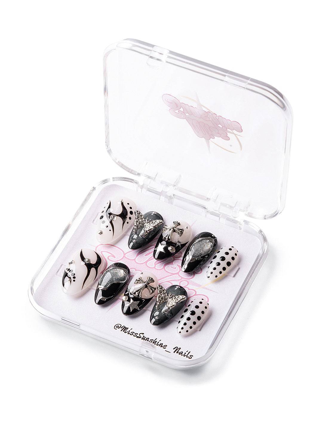 Butterfly Blackout short almond nails with chrome accents
