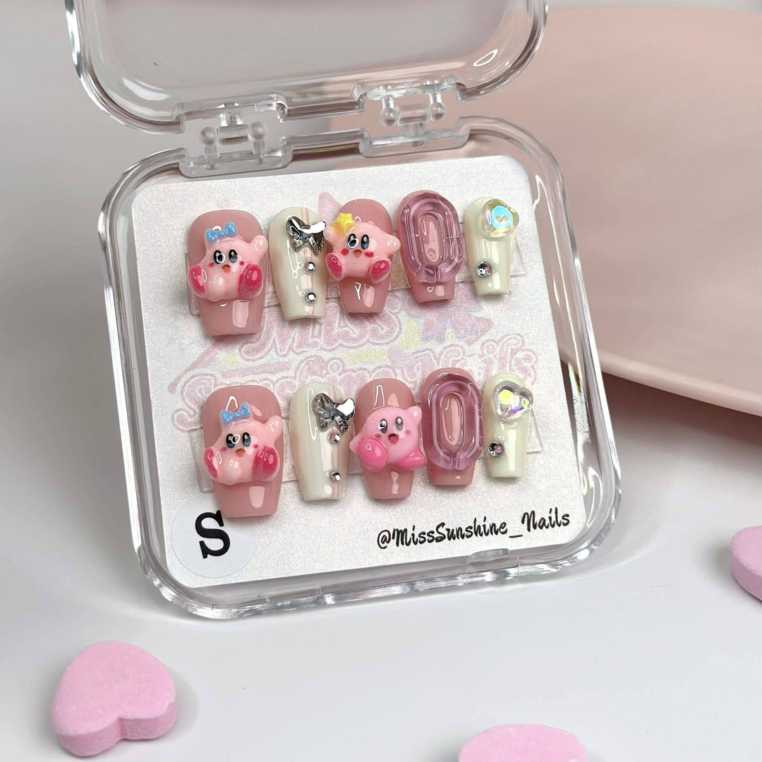 Butterfly Kirby short coffin press-on nails with 3D charms