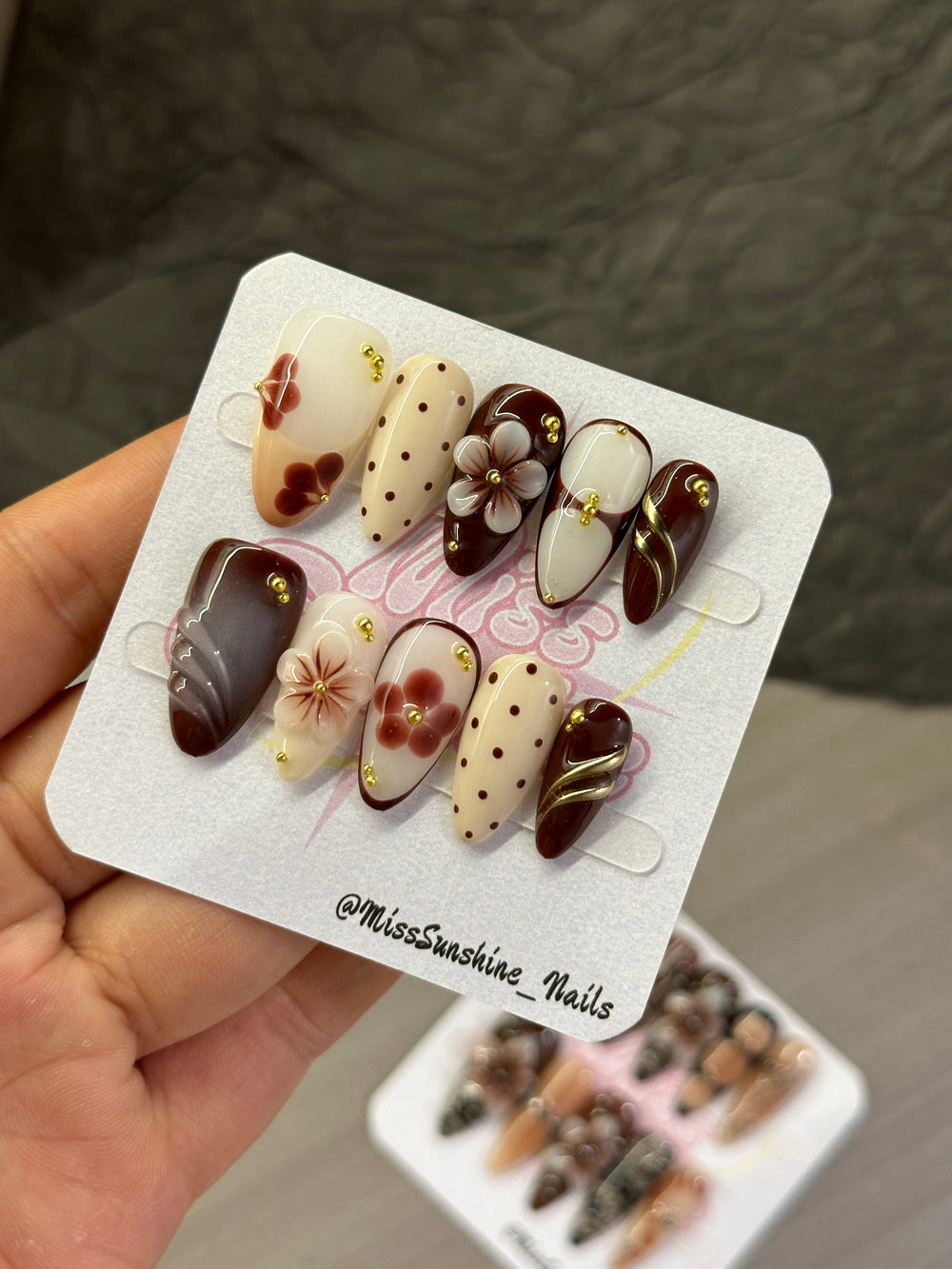 Caramel Bloom fall floral press-on nails with caramel brown accents
